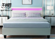 8 Color Changing lED light headboard bed , White Leather Upholstered Bed