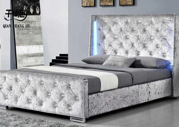 Silver Ice Velvet Bed , Upholstered Tufted Queen Bed With Headboard Wings